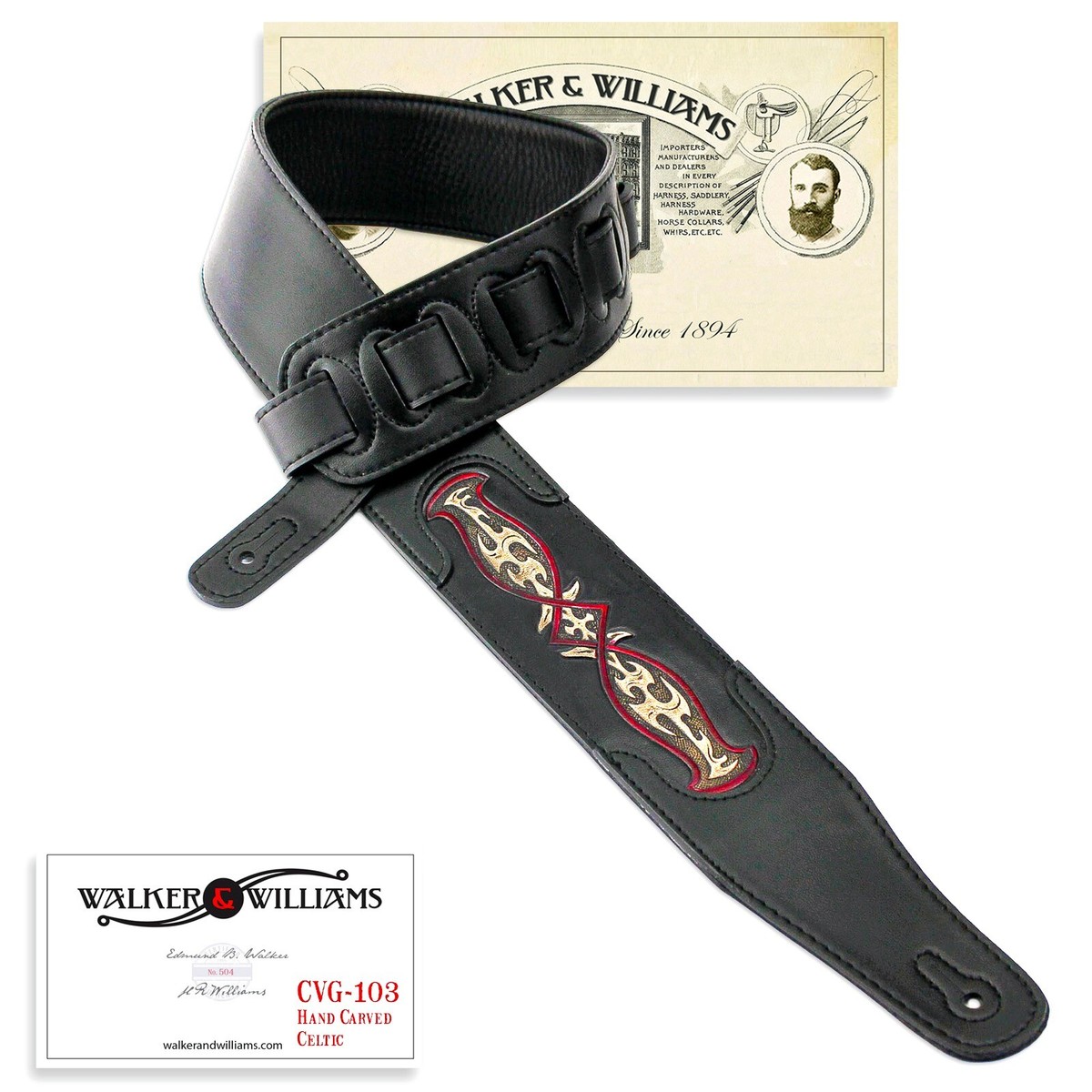 Walker Williams CVG-103 Black Padded Guitar Strap Hand Tooled Celtic  Design