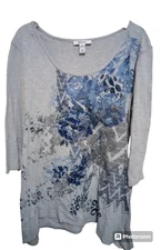 Style & Co Tunic Sequins Metallic Gray 3/4 Sleeve 100% Cotton Size Medium