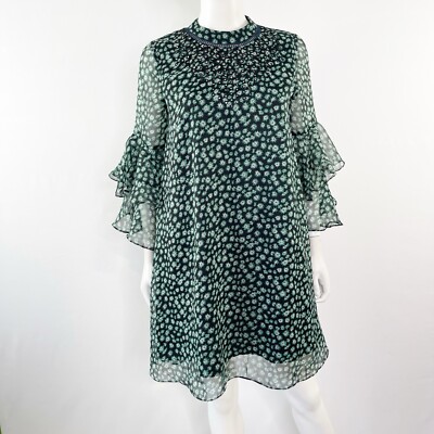 Anthropologie Ranna Gill Green Floral Shift Dress Size XS Flutter Sleeve