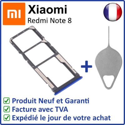 Tiroir Porte-Cartes SIM & MicroSD Pour Xiaomi Redmi Note 8 - Version Bleue + Outil D'Éjection - Neuf