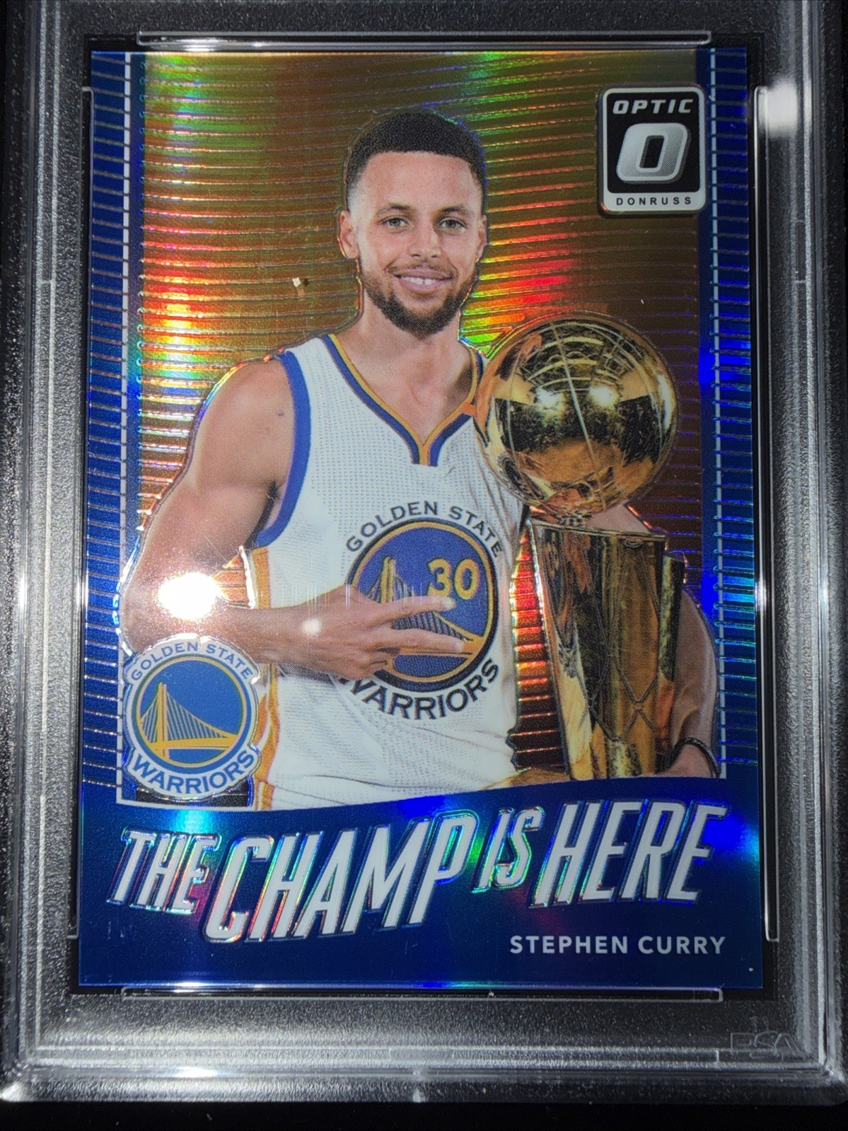 2017 Donruss Optic The Champ Is Here Blue Prizm #5 Stephen Curry 48/49 PSA 8 view 2