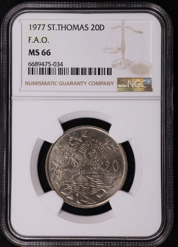 1977 St. Thomas and Prince Island 20 Dobras F.A.O. Copper-Nickel Coin NGC MS 66