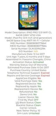Apple iPad Pro 12.9'' 64GB WIFI + CELLULAR A1671  3 YEAR WARRANTY