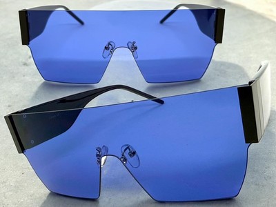 Oversize Exaggerated Futuristic Modern Shield SUNGLASSES Rimless Frame Blue Lens
