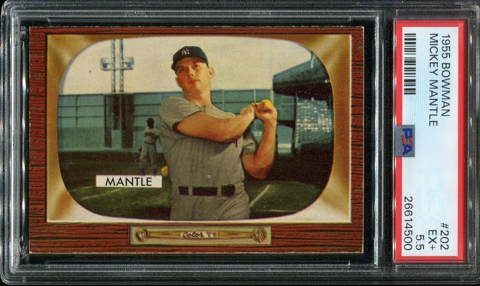 1955  Bowman  Baseball  # 202  Mickey Mantle   (EX+)   Excellent Plus   PSA 5.5