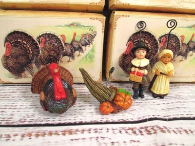 Bethany Lowe Thanksgiving Place Card Holder Set 16 Pilgrim Turkey Cornucopia Vtg