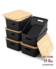 Storage Bins with Bamboo Lids Set of 6 Lidded Storage Container Plastic Black