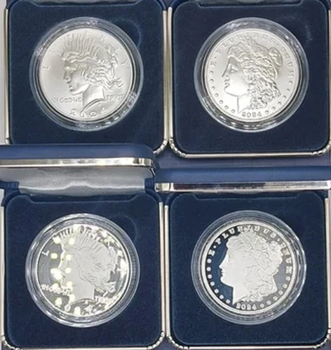 2024 Morgan and Peace dollar 4pc set Proof & Unc in OGP with COA