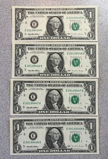 four 1995 US one dollar notes consecutive numbers , E20199445B-446B-447B-448B