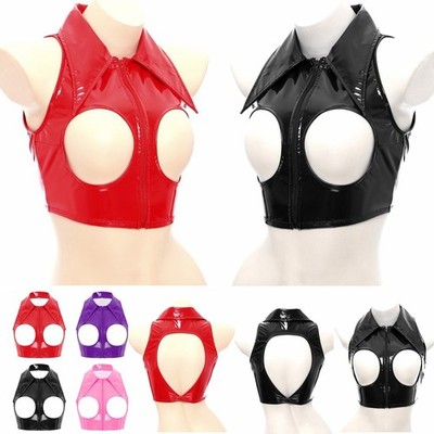 DE iEFiEL Lack Leder Crop Top Damen Ärmellos Offene Brust Glanz Weste Clubwear
