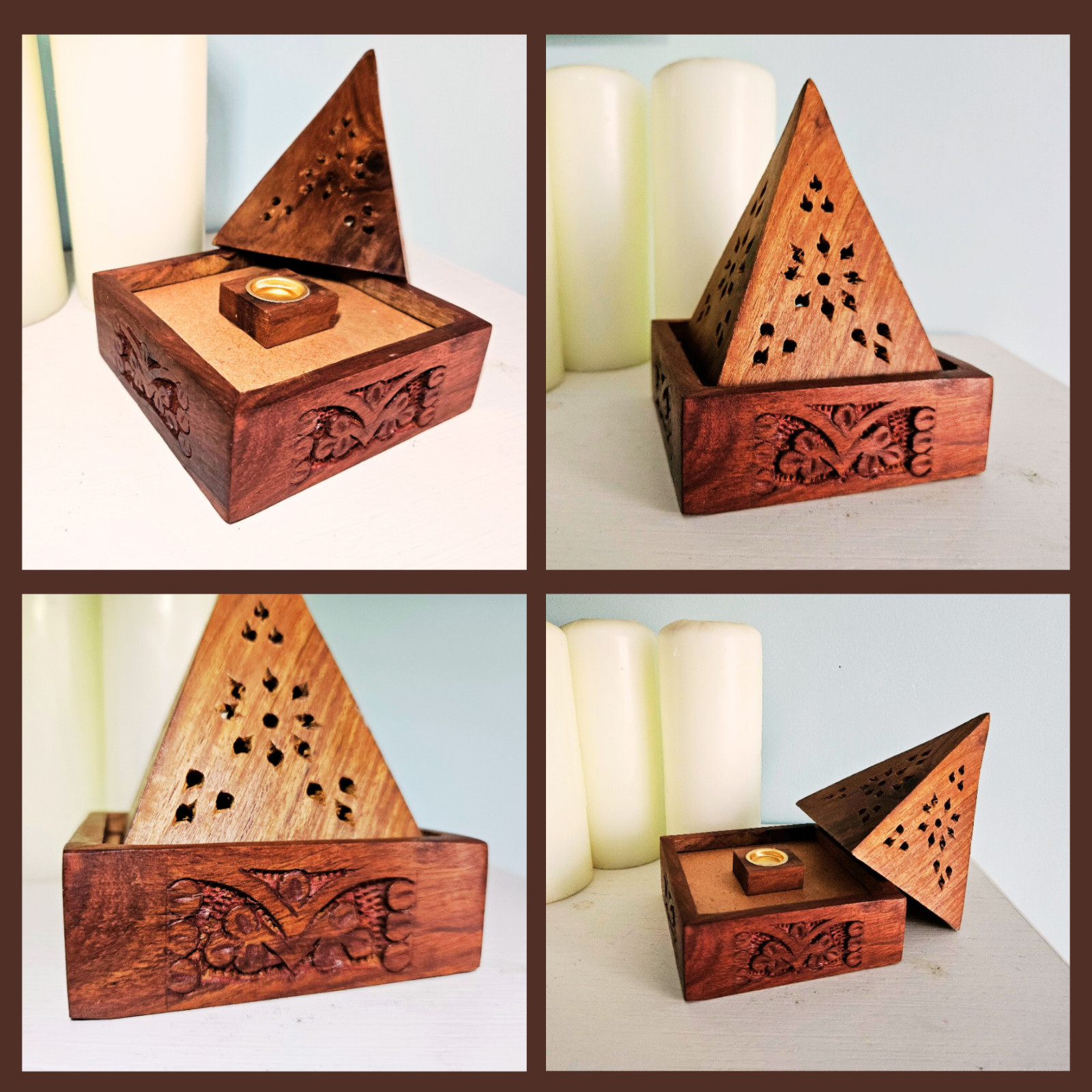 Wooden Pyramid Incense Box Cone Burner Holder Ash Catcher with Flower Fretwork