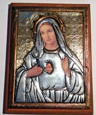 VIRGIN MARY Immaculate Heart Religious Icon Silver Metal on Wood plaque Signed