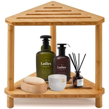 Bamboo Corner Shower Stool,2-Tier Waterproof Shower Stool for Inside Shower S...