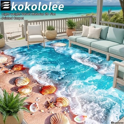 1pc 2D Flat KOKOLOLEE Luxury Velvet Area Carpet -Beach Ocean Wave Seashell Coas
