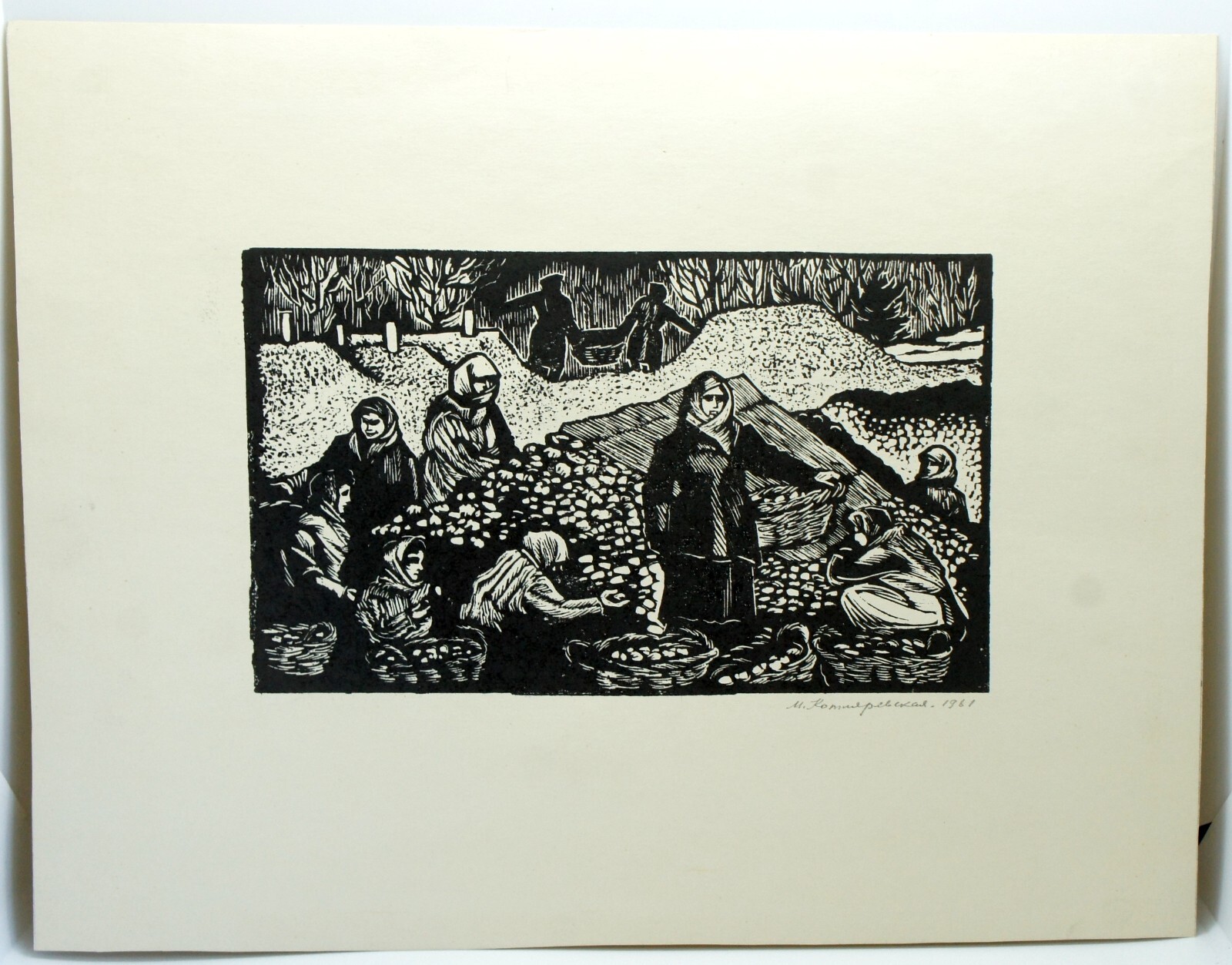 Linocut Engraving SocRealism Print Titled Signed by Ukrainian Soviet Artist 1961