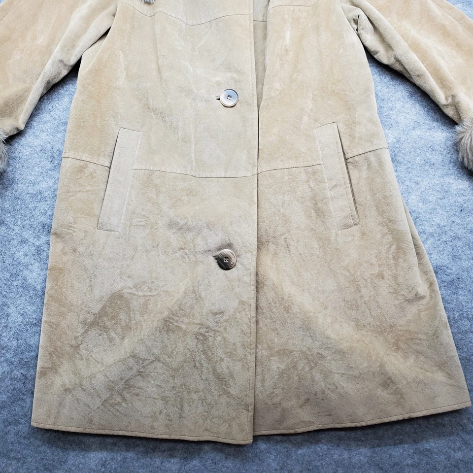 Juli de Roma Coat Women's Size Large Tan Suede Button Up Lined Faux Fur USA - Image 4 of 4