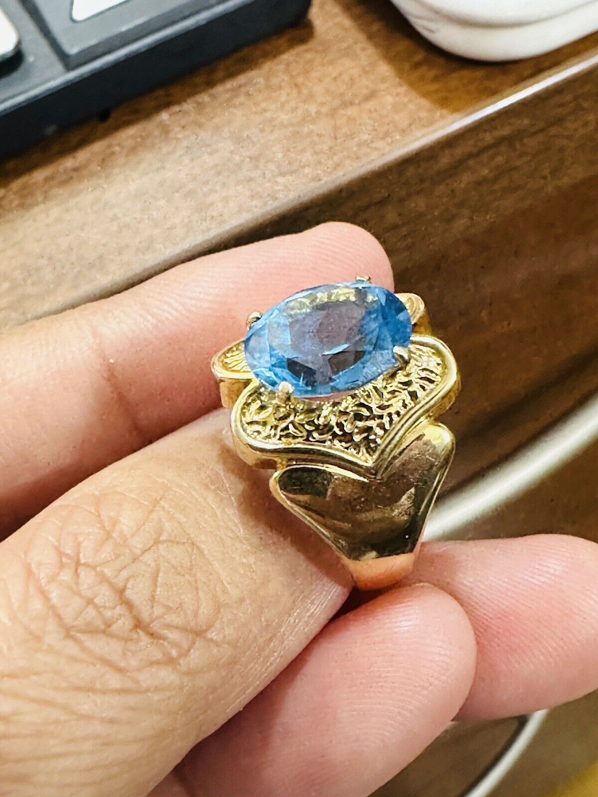 K18 Japan Gold Diamond Ring Real .49 carat Blue Topaz Woman’s Ring 7/7.5”  6.9g