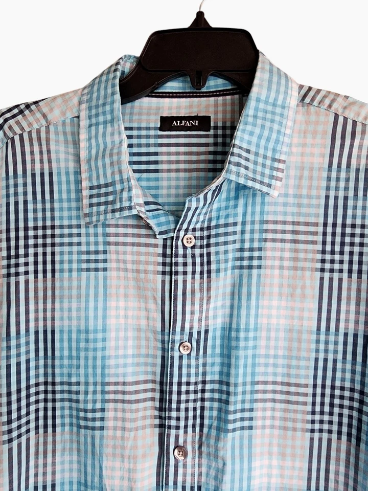 Camisa de vestir para hombre ALFANI calce regular manga larga abotonada azul a cuadros talla 2XL Foto 2 de 4