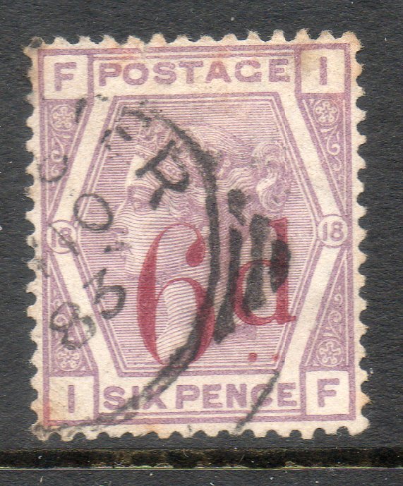 GB QV 1883 SG162 6d on 6d Lilac Crown Watermark plate 18 Fine used