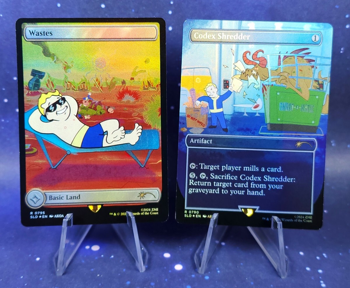 MTG Secret Lair Fallout Vault Boy Foil Secret Wastes and MTG Secret Lair Fallout Vault Boy Foil Secret Wastes and