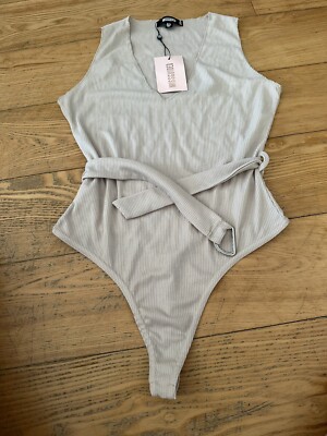 STONE RIBBED BODYSUIT MISSGUIDED 12 BNWT BELT SLEEVELESS SUMMER HOLIDAY  PARTY UK