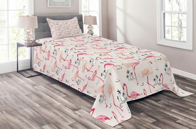 Flamingo Quilted Coverlet & Pillow Shams Set, Wild Bird Love Vintage Print