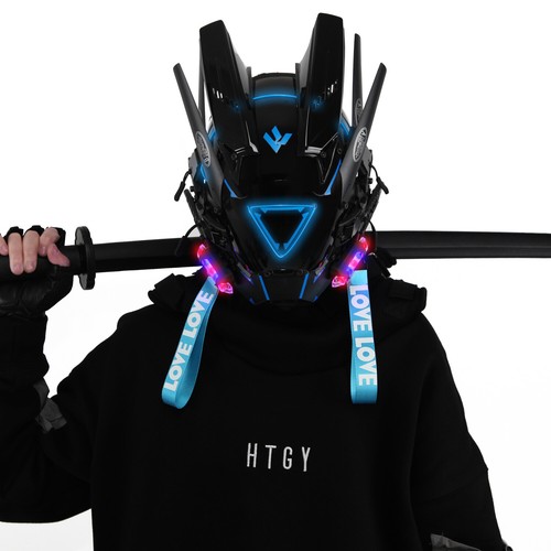 Futuristische Cybermaske mit LED-Leuchten für Cosplay und Techwear Mode - Bild 67 von 80
