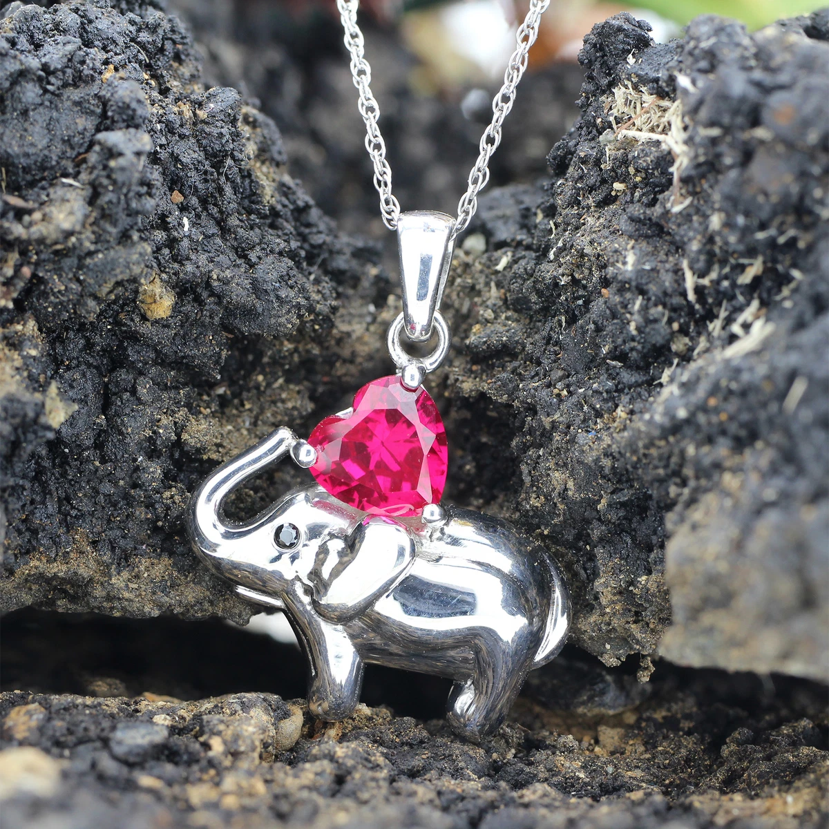 Simulated Pink Ruby Elephant Pendant Necklace 18