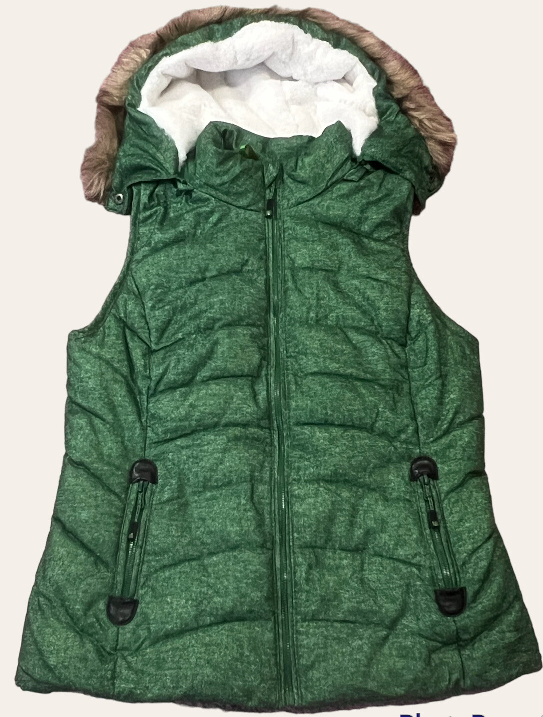 Green Tea Vest Womens Medium Green Quilted Puffer Fur Lined Zip Hood eBay