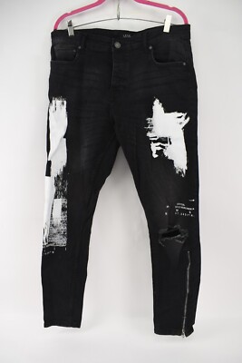 Boohoo-Man Mens Black Distressed Denim Zip Ankle Jeans Pants Size 36x29 