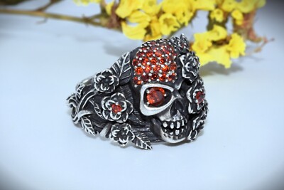 Rare SILVER 925 momento mori carved skull drop Gothic Victorian ring Frida Kahlo