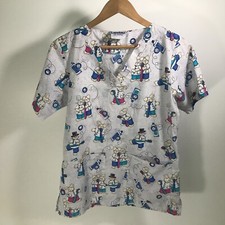 Landau Art Works Womens Dental Sz Small Scrub Top Bunnies Toothbrush Toothpaste
