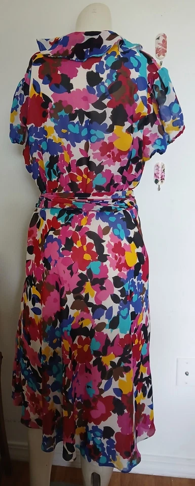 Chadwick's  Op Art Pink Blue Wrap Look Dress 18 Ruffled Neckline Summer Party Foto 3 de 4