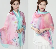 100% Silk large Scarf Women neckerchief Shawl Wrap floral pink blue MY144-1