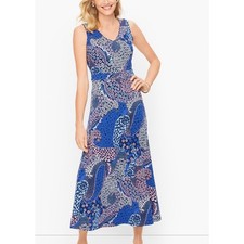 Talbots Womens Petite XL Jersey Knit Sleeveless Maxi Dress Blue Paisley NWT $139