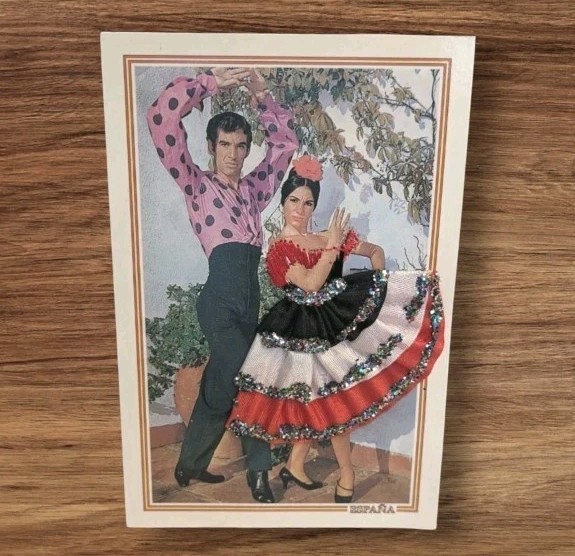 Postal De Colección Bailarina Flamenca Española Bordada Tenerife España Dama Adornada