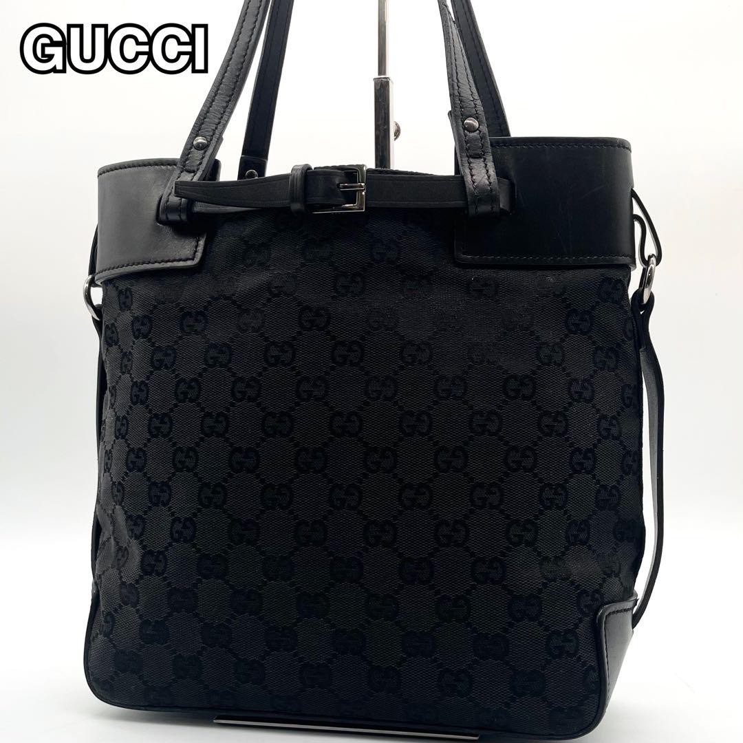 Gucci GG Canvas Leather Black Tote Shoulder Handbag Pre-Owned