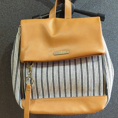 Frye and Co. Classic and Perf Leather Backpack Navy Stripe Tan Magnetic