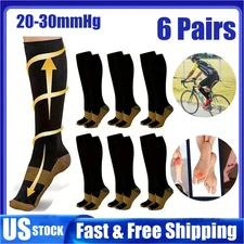 6 Pairs Copper Compression Socks 20-30mmHg Graduated Support Mens Womens S-XXL