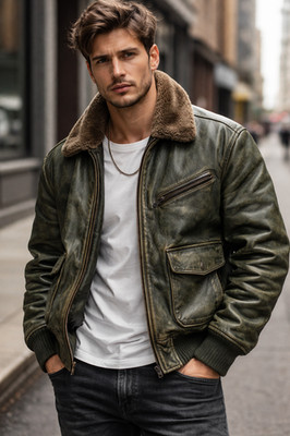 Herren Echt Schafsleder Bomberjacke Grün Distressed Kunstfellkragen Designer