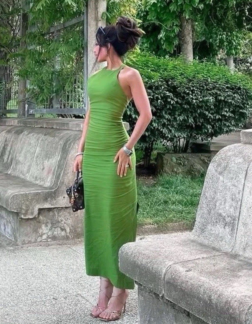 green linen halter dress Green Linen Halter Maxi Dress