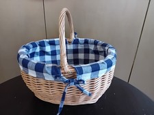Oval Wicker Shopping Basket Blue Checked Lining