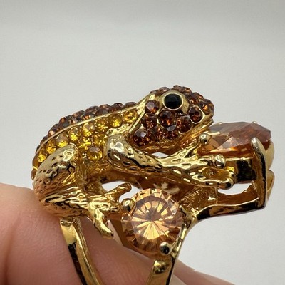 Vintage Frog Cocktail Ring Gold Tone Orange Brown Crystals Jewelry 6.75
