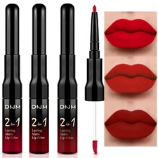 evpct 3Pcs Ruby Bright Dark Deep Red Lip Stain Lipstick with Lip Liner, Burgu...