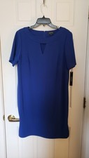 Tahari Sz 12 Sheath Dress Royal Blue Short Sleeve Cutout Front Side Zip Accent