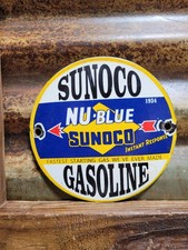 VINTAGE SUNOCO PORCELAIN SIGN NU-BLUE GASOLINE 6" MOTOR OIL OLD GAS PUMP PLATE