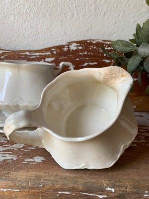stained crazed Antique Ironstone Creamer and Sugar Bowl FARMHOUSE Shabby Chic