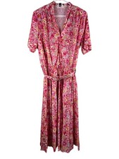 Vintage Anthony Richards Pink Floral Midi Dress Belted Short Sleeve Button Front