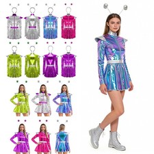 Women Metallic Shiny Robot Dress with Headband Space Fighter Alien Costumes Set