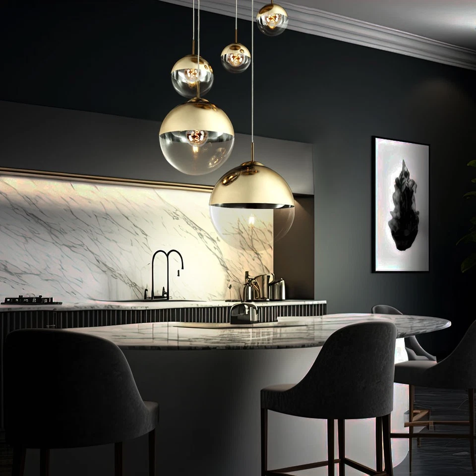 Lampe Suspendu Pendule Salle à Manger 5 à Flammes LED Boule de Verre Or Clair H - Photo 3/4